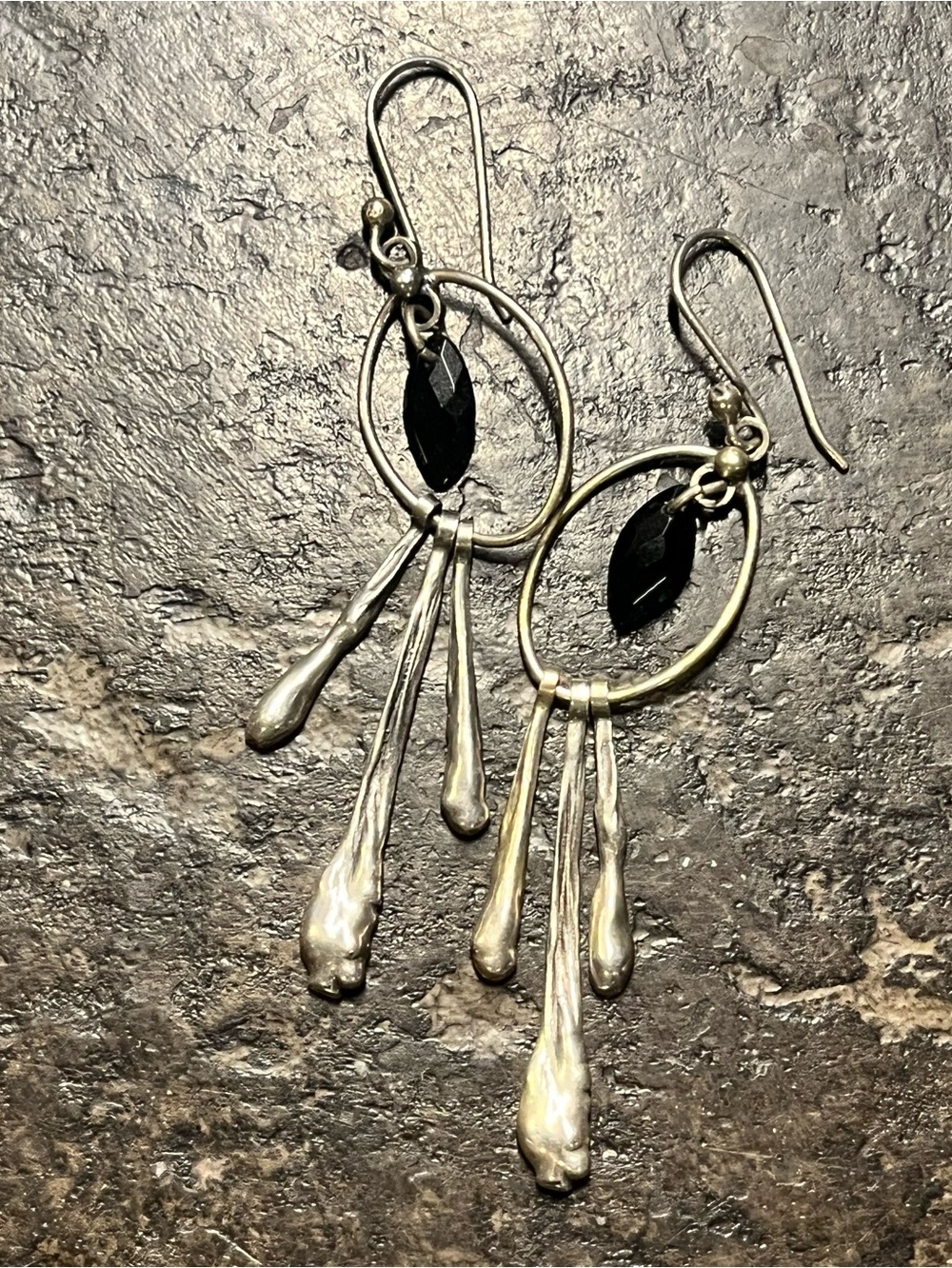 Handcrafted Sterling silver black gemstone dangle earrings silver stick fringe